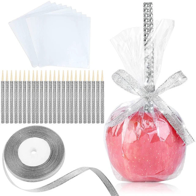 Main image of 24-Pack Bling Candy Apple Sticks and Bags, Clear Caramel Apple Kit, Silver | Candy Apple Wrapping Kit, Glass Wrapper, Rhinestone Bamboo Sticks, Glitter Ribbons, for Halloween, Chrispies Treat Supplies