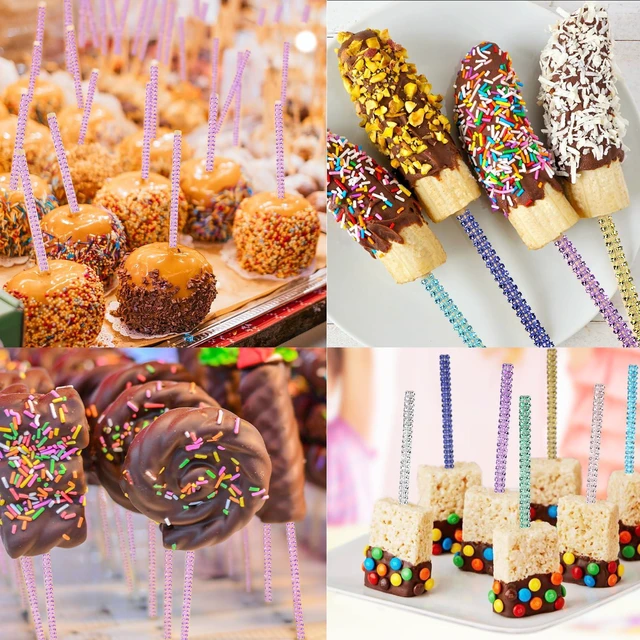 Alt view image 6 of 7 - 32 PCS Bling Candy Apple Sticks, Treat Sticks for Caramel Apple, Cake Pop | Wooden Pointed Skewers, Rhinestones Diamond Mesh Wrap, Cake Pop Supplies, for Caramel Apple, Halloween, Party, Birthday