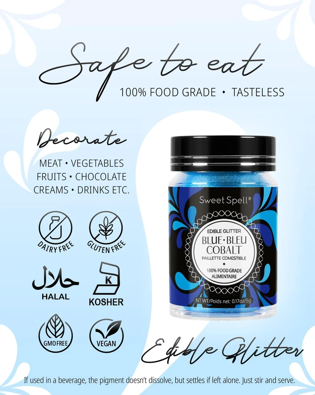 Alt view image 4 of 6 - Blue Edible Glitter for Drinks, Cocktails, Cakes, Food Grade | 15g, 100% Edible, Vegan, Gluten-Free, Halal, Cupcakes, Cookies, Champagne, Mocktails, Christmas, Valentine's