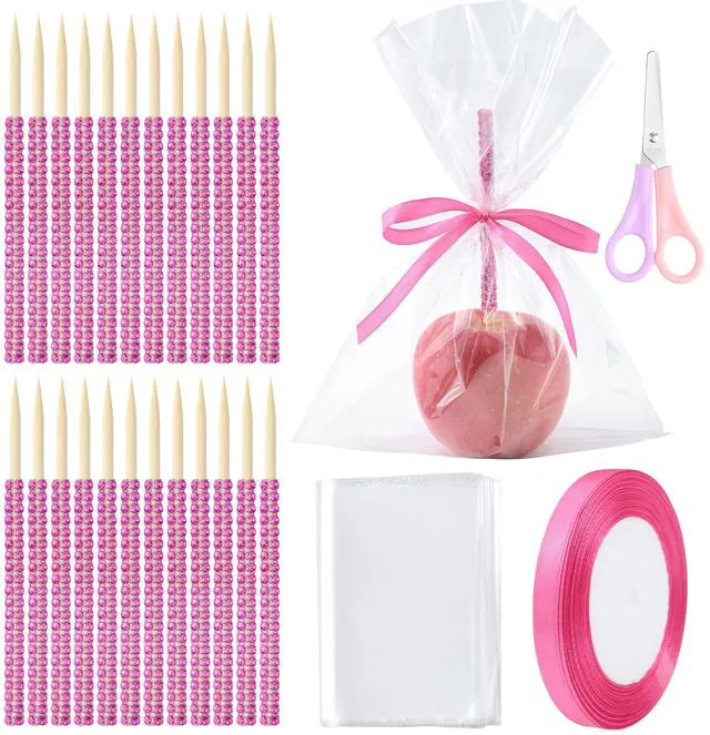 Main image of 26+24PCS bling candy apple sticks set,Including24PCS 6-Inch Rhinestone Apple Bamboo Stick24PCS Bags a pair of Scissors a roll of Ribbon