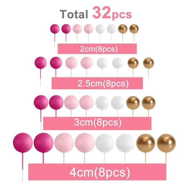 Alt view image 2 of 7 - 32 Pcs Foam Balls Cake Topper Decorations for Party Cake Decorating | Pink Gold BallsMini Balloons Cake SticksCake Topper BallsBirthday Cake DecorationCup Cake Decor, Party Cake Decoration