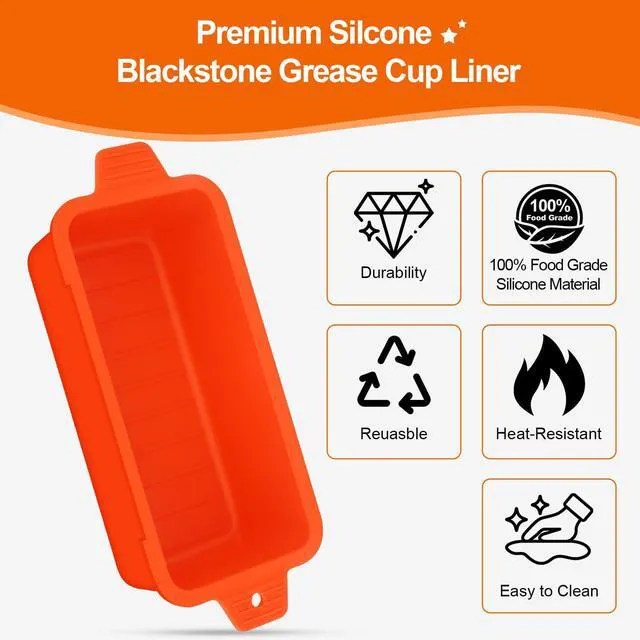 Alt view image 5 of 7 - 2 PCS Silicone Grease Cup Liners for Blackstone 36 28 22 17 Inch Griddle,Reusable Grease Catcher Cup Liner Grill Grease Tray,Durable Drip Pans Blackstone Griddle Accessories,Orange