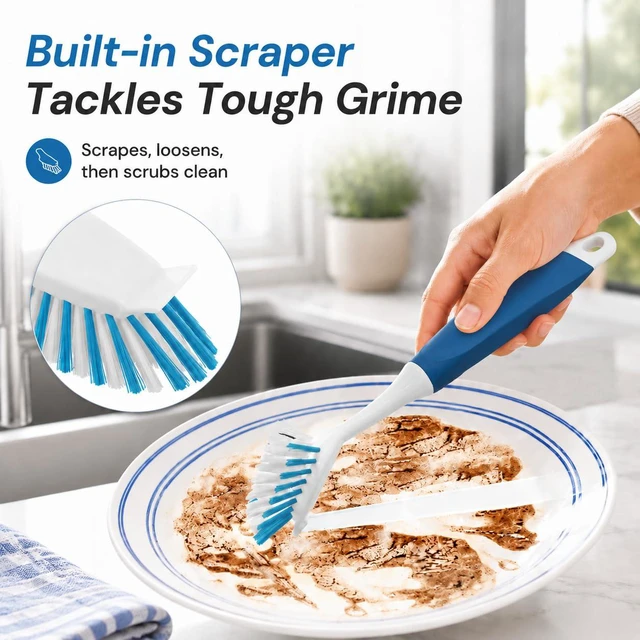 Alt view image 3 of 7 - 2-Pack Dish Brushes with Scraper, Durable Nylon Bristles Kitchen Scrub Brush, Dish Scrubber with Handle for Pans, Sink, Bathroom