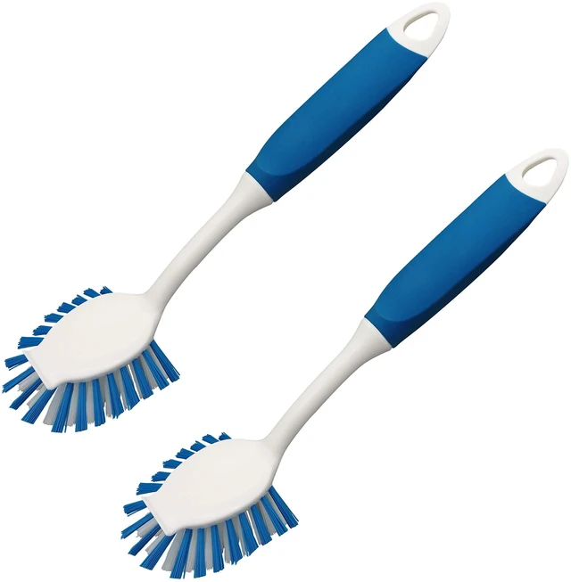 Main image of 2-Pack Dish Brushes with Scraper, Durable Nylon Bristles Kitchen Scrub Brush, Dish Scrubber with Handle for Pans, Sink, Bathroom