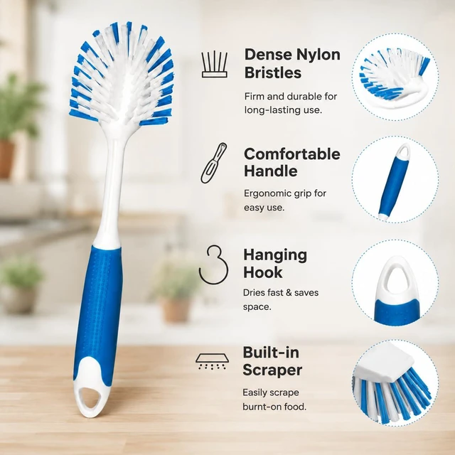 Alt view image 6 of 7 - 2-Pack Dish Brushes with Scraper, Durable Nylon Bristles Kitchen Scrub Brush, Dish Scrubber with Handle for Pans, Sink, Bathroom