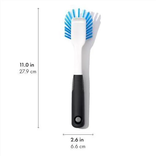 Alt view image 3 of 4 - Dish Scrub Brush with Non-Slip Handle, Nylon Bristles | Non-Stick Safe, Built-In Scraper Lifts Stuck-On Food, Dish Cleaner, Flared Brush Head Reaches Corners