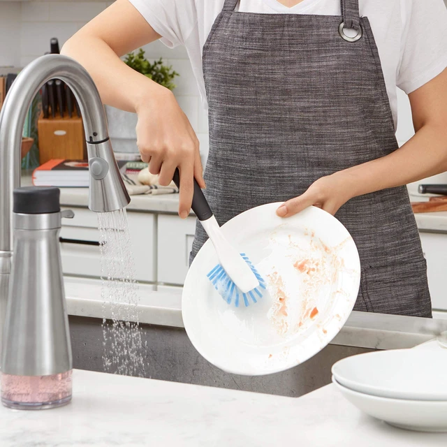 Alt view image 4 of 4 - Dish Scrub Brush with Non-Slip Handle, Nylon Bristles | Non-Stick Safe, Built-In Scraper Lifts Stuck-On Food, Dish Cleaner, Flared Brush Head Reaches Corners