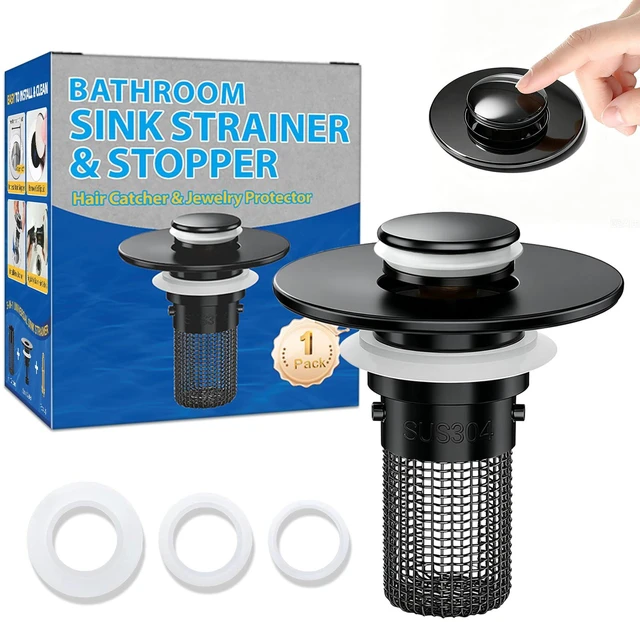 Main image of Bathroom Sink Drain Strainer, Pop-Up Bathroom Sink Stopper with Removable Stainless Steel Hair Catcher Basket, Universal Fit for Bathroom Sinks, Showers & Floor Drains