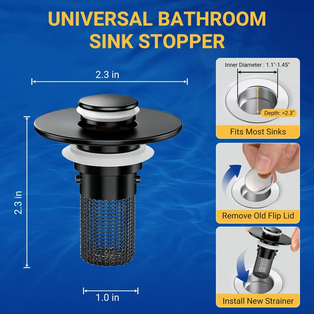 Alt view image 2 of 7 - Bathroom Sink Drain Strainer, Pop-Up Bathroom Sink Stopper with Removable Stainless Steel Hair Catcher Basket, Universal Fit for Bathroom Sinks, Showers & Floor Drains
