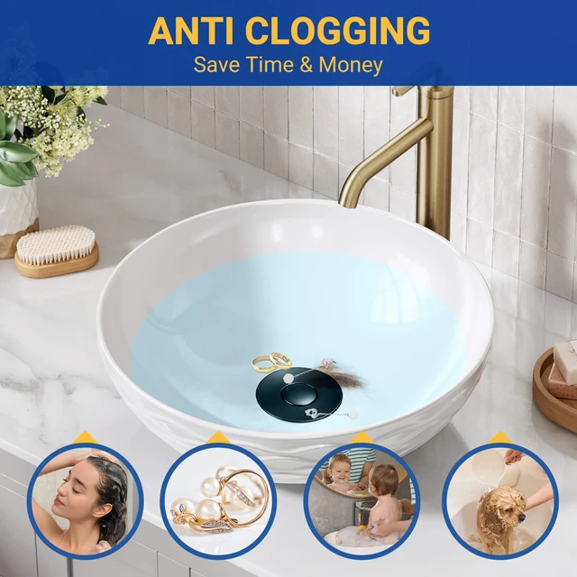 Alt view image 3 of 7 - Bathroom Sink Drain Strainer, Pop-Up Bathroom Sink Stopper with Removable Stainless Steel Hair Catcher Basket, Universal Fit for Bathroom Sinks, Showers & Floor Drains