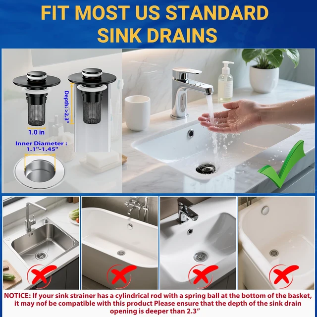 Alt view image 6 of 7 - Bathroom Sink Drain Strainer, Pop-Up Bathroom Sink Stopper with Removable Stainless Steel Hair Catcher Basket, Universal Fit for Bathroom Sinks, Showers & Floor Drains