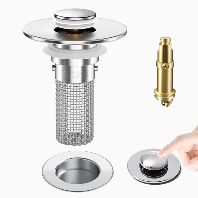 Main image of Bathroom Sink Drain Strainer, Pop-Up Bathroom Sink Stopper with Removable Stainless Steel Hair Catcher Basket, Universal Fit for Bathroom Sinks, Showers & Floor Drains