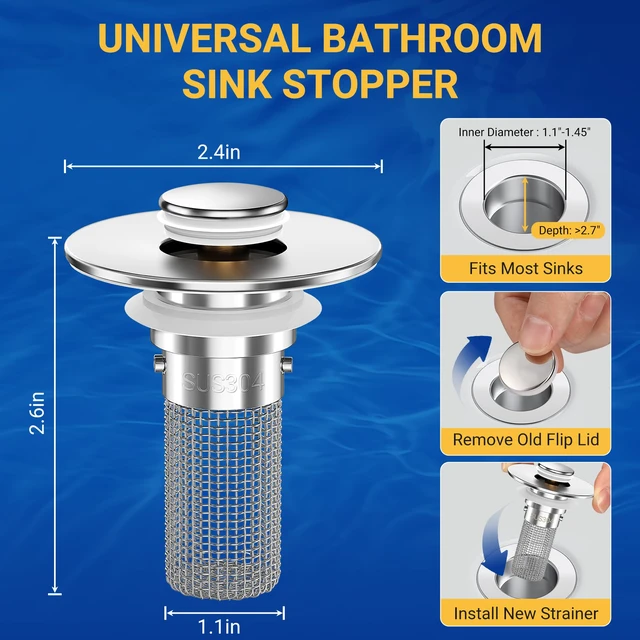 Alt view image 2 of 7 - Bathroom Sink Drain Strainer, Pop-Up Bathroom Sink Stopper with Removable Stainless Steel Hair Catcher Basket, Universal Fit for Bathroom Sinks, Showers & Floor Drains