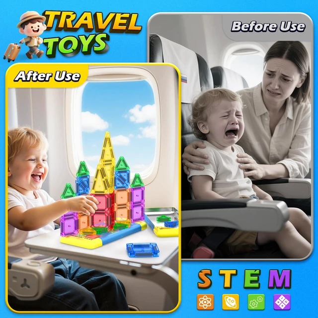 Alt view image 2 of 7 - Mini Magnetic Tiles Travel Set STEM Educational Toys for Boys & Girls 3-8 | Outdoor Building Toys Preschool Classroom Must Have Portable Games with Iron Box for Car Airplane Kids