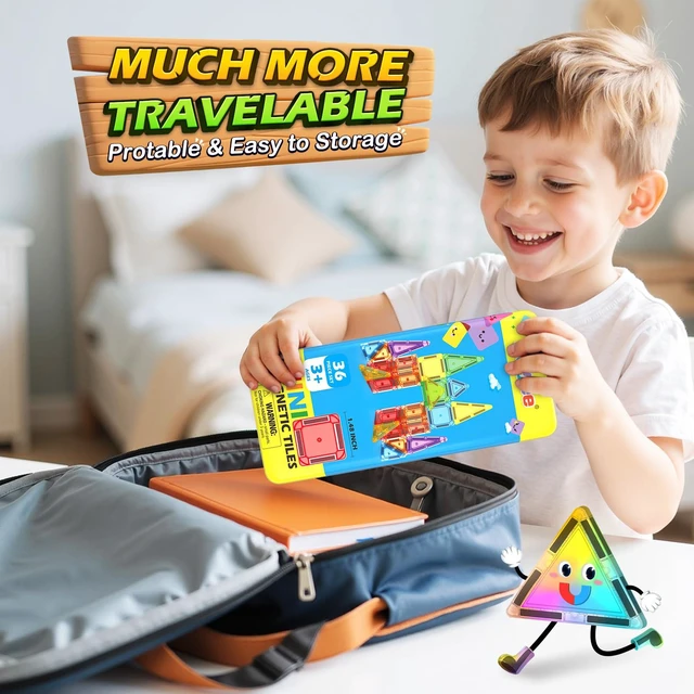 Alt view image 4 of 7 - Mini Magnetic Tiles Travel Set STEM Educational Toys for Boys & Girls 3-8 | Outdoor Building Toys Preschool Classroom Must Have Portable Games with Iron Box for Car Airplane Kids