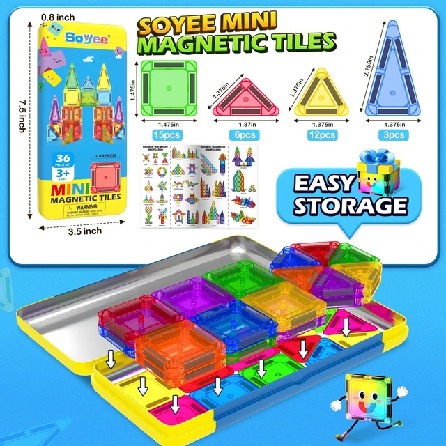 Alt view image 5 of 7 - Mini Magnetic Tiles Travel Set STEM Educational Toys for Boys & Girls 3-8 | Outdoor Building Toys Preschool Classroom Must Have Portable Games with Iron Box for Car Airplane Kids