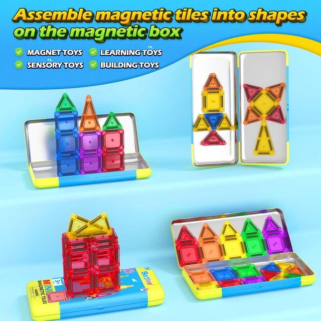 Alt view image 6 of 7 - Mini Magnetic Tiles Travel Set STEM Educational Toys for Boys & Girls 3-8 | Outdoor Building Toys Preschool Classroom Must Have Portable Games with Iron Box for Car Airplane Kids