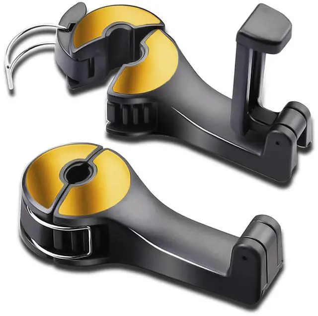 Main image of Car Headrest Hidden Hook with Phone Holder, Universal 360 Rotation, Gold, 2 Pack