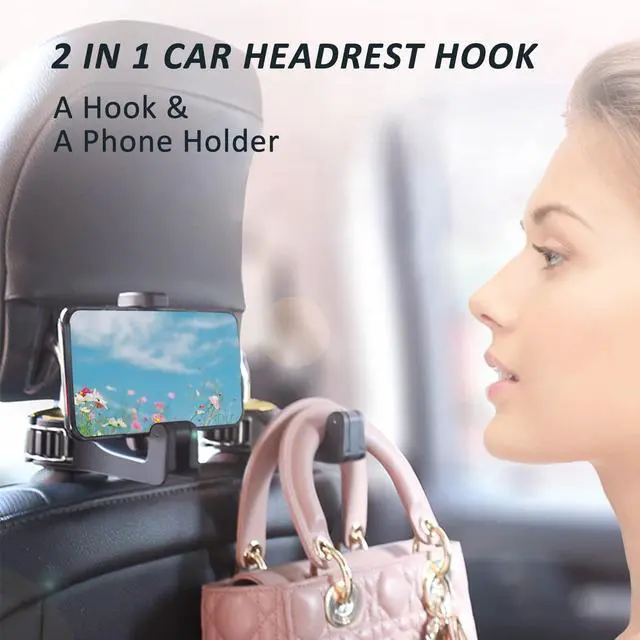 Alt view image 3 of 6 - Car Headrest Hidden Hook with Phone Holder, Universal 360 Rotation, Gold, 2 Pack