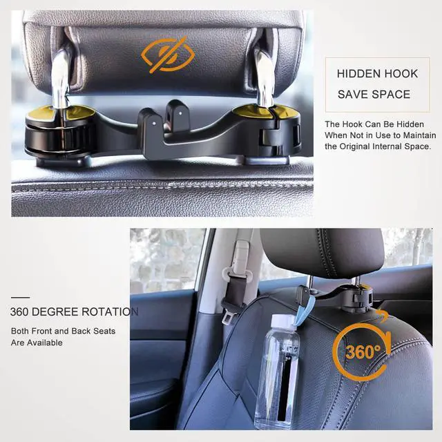 Alt view image 5 of 6 - Car Headrest Hidden Hook with Phone Holder, Universal 360 Rotation, Gold, 2 Pack
