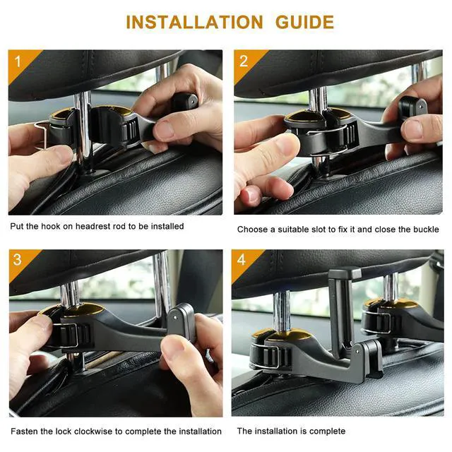 Alt view image 6 of 6 - Car Headrest Hidden Hook with Phone Holder, Universal 360 Rotation, Gold, 2 Pack
