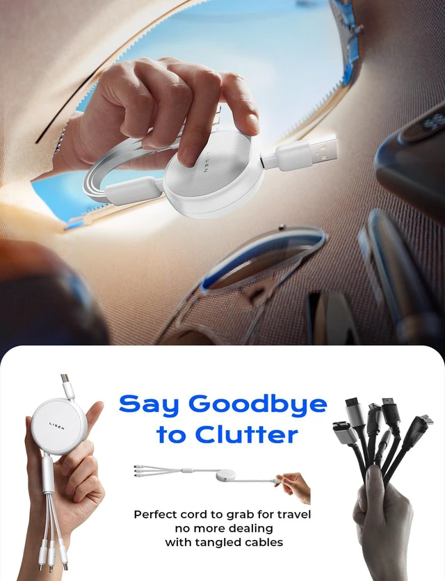 Alt view image 3 of 7 - Multi Charging Cable, 3 in 1 Charging Cable, Retractable Car Charger with Type C/L/Micro USB Ports for iPhone 16 15 14 Pro /Samsung Galaxy /PS/Kindle, Multi Chargers for All Devices, White