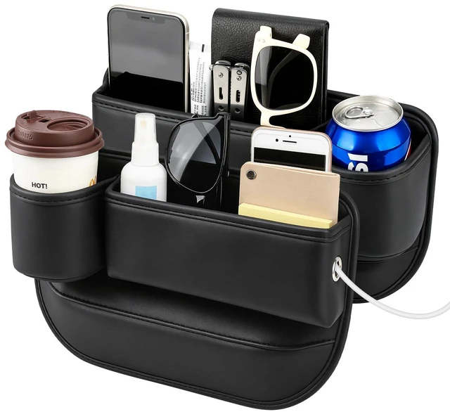 Main image of Universal Fit Car Seat Gap Filler Organizer | Extra Storage Organizer with Cup Holder | Easy Access | Premium Leather | Black | 2 Pack