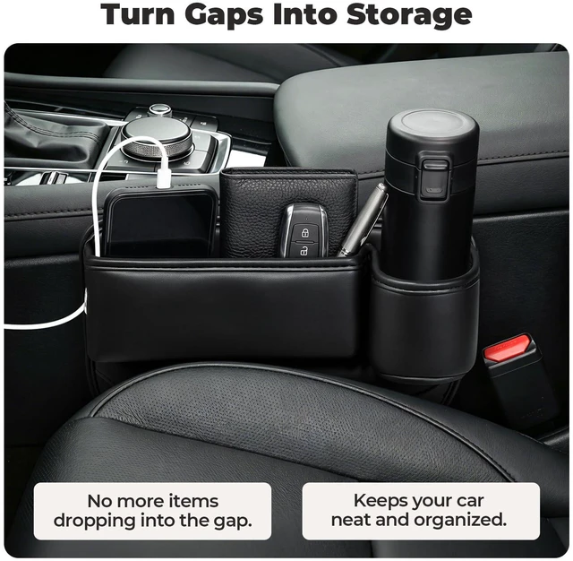 Alt view image 2 of 7 - Universal Fit Car Seat Gap Filler Organizer | Extra Storage Organizer with Cup Holder | Easy Access | Premium Leather | Black | 2 Pack