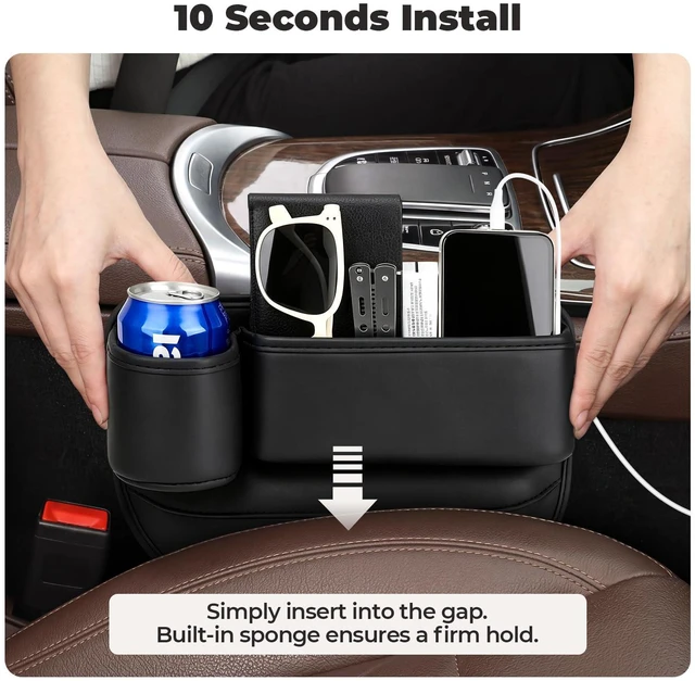 Alt view image 7 of 7 - Universal Fit Car Seat Gap Filler Organizer | Extra Storage Organizer with Cup Holder | Easy Access | Premium Leather | Black | 2 Pack