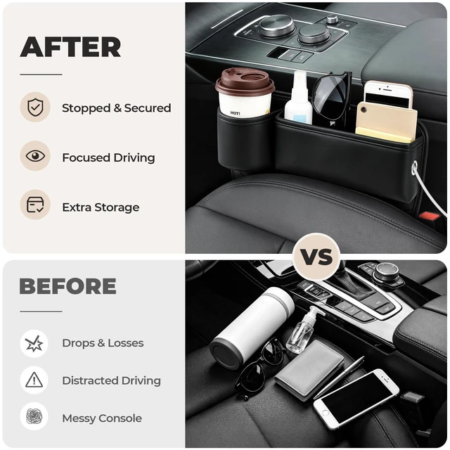 Alt view image 4 of 7 - Universal Fit Car Seat Gap Filler Organizer | Extra Storage Organizer with Cup Holder | Easy Access | Premium Leather | Black | 2 Pack