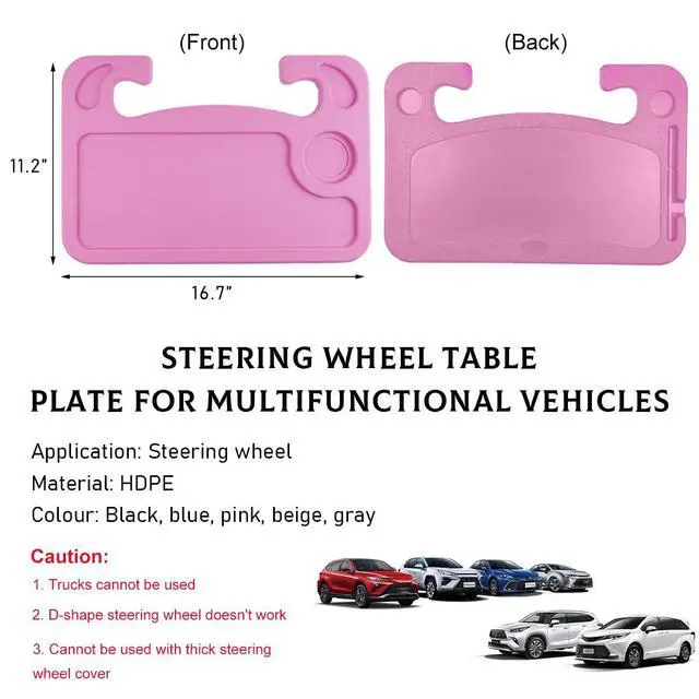 Alt view image 2 of 6 - Car Steering Wheel Desk, 2 in 1 Auto Steering Wheel Tray for Food & Laptop, Multipurpose Vehicle Steering Wheel Table with Cup Holder and Pen Slot, Travel Car Accessories (Pink)