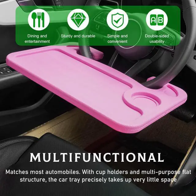 Alt view image 6 of 6 - Car Steering Wheel Desk, 2 in 1 Auto Steering Wheel Tray for Food & Laptop, Multipurpose Vehicle Steering Wheel Table with Cup Holder and Pen Slot, Travel Car Accessories (Pink)