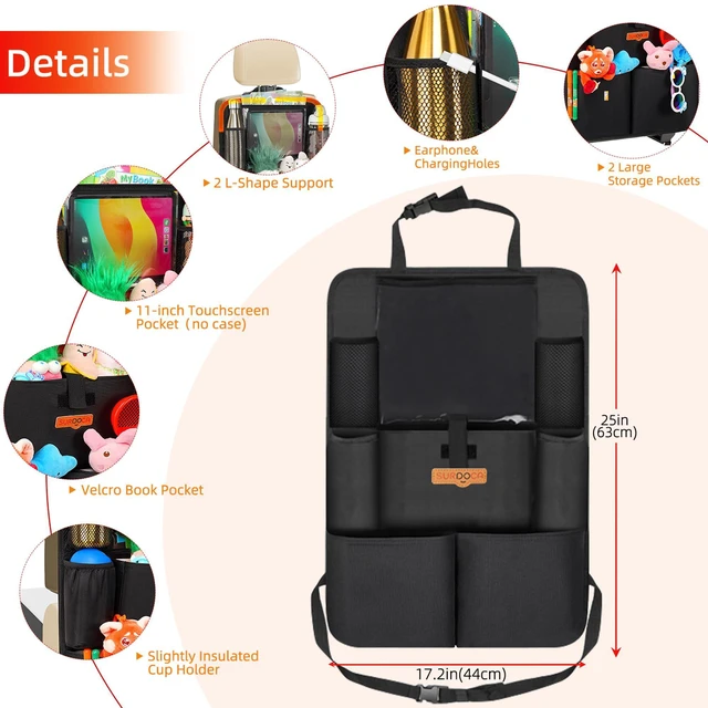 Alt view image 6 of 6 - Upgraded Car Organizer with 11-inch Tablet Holder, 8 Pockets, Car Seat Protector for Road Trips - Car Storage and Organizers for Kids, Grey