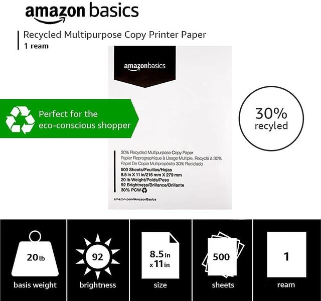 Alt view image 3 of 7 - 30% Recycled Multipurpose Copy & Print Paper, 8.5 x 11 Inches, 20 lb Weight, 92 Bright, White, 500 Sheets (1 Ream)