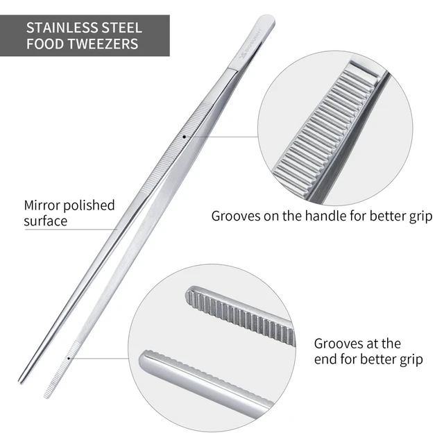 Alt view image 3 of 6 - 12 Inch Kitchen Tweezers Fine Tweezer Tongs, Stainless Steel Food Tweezers Multi-function Precision Serrated Tips Cooking Tongs Kitchen Serving Tong