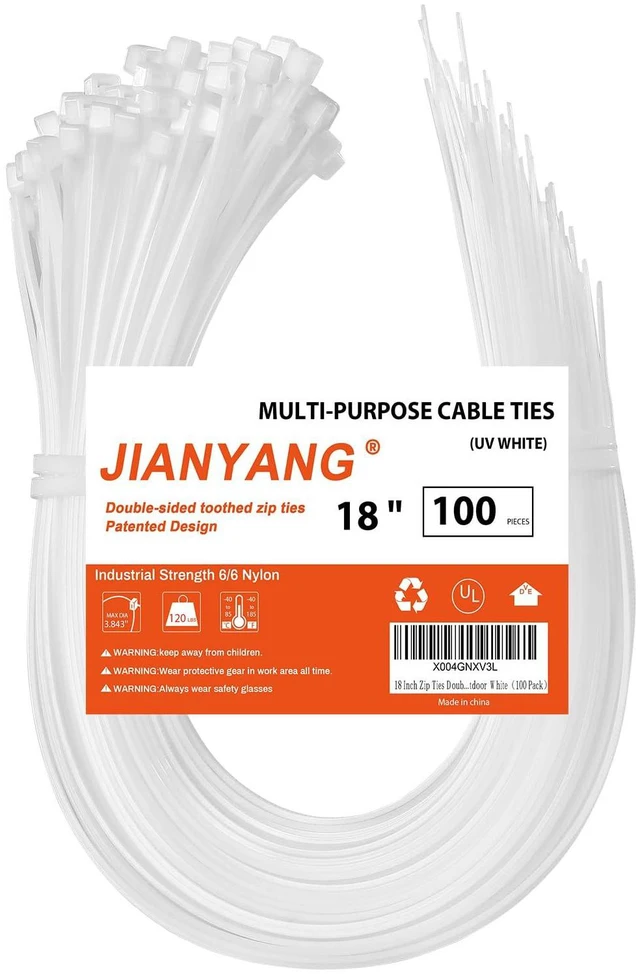 Main image of 18 Inch Zip Ties Double Sided Toothed,120 LBS Tensile Strength Heavy Duty Cable Wire Ties With Self-Locking Adjustable More Durable Nylon Tie Wraps for Indoor Outdoor White100 Pack