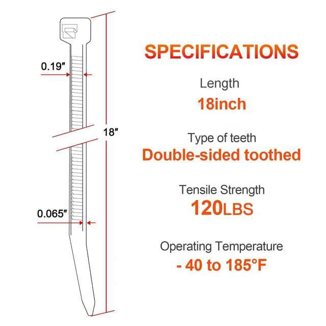 Alt view image 2 of 7 - 18 Inch Zip Ties Double Sided Toothed,120 LBS Tensile Strength Heavy Duty Cable Wire Ties With Self-Locking Adjustable More Durable Nylon Tie Wraps for Indoor Outdoor White100 Pack