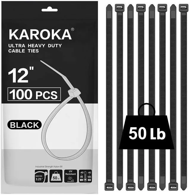 Main image of Zip Ties 12 inch (100 Pack), Black, 50 lb, UV Resistant Cable Ties for indoor and outdoor use,