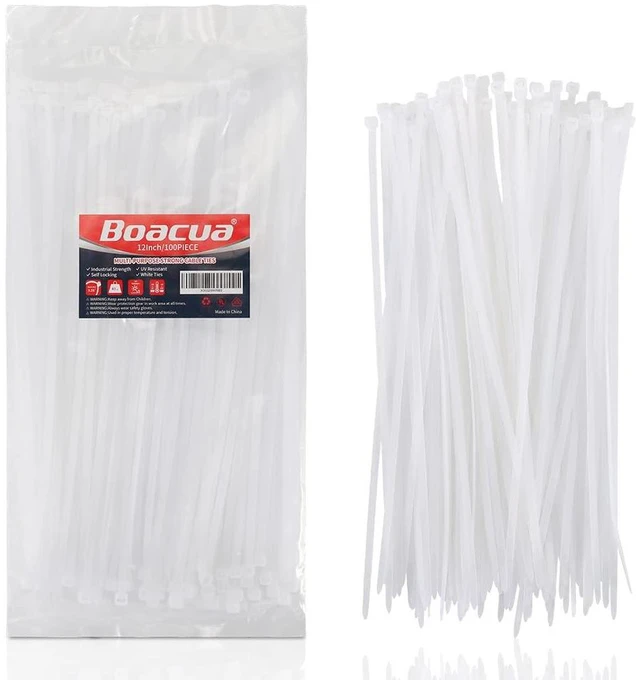 Main image of White Zip Ties Heavy Duty 12 inch,100 Pack,50LB, Cable Ties, Clear Zipties | Premium Nylon | UV Resistant | Weatherproof, Ideal for Indoor & Outdoor