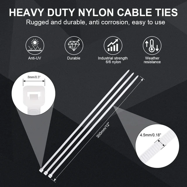 Alt view image 2 of 7 - White Zip Ties Heavy Duty 12 inch,100 Pack,50LB, Cable Ties, Clear Zipties | Premium Nylon | UV Resistant | Weatherproof, Ideal for Indoor & Outdoor