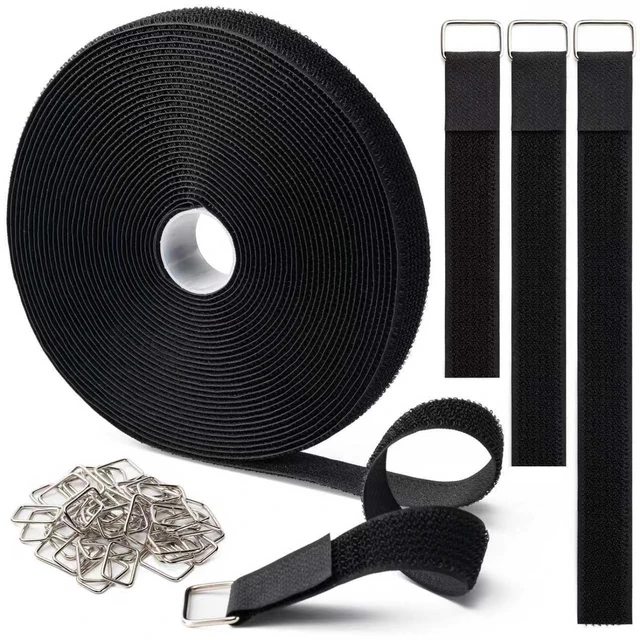 Main image of 1" x32Ft Hook and Loop Straps with 50 Metal BucklesBlack | Adjustable Fastening Cable Straps, Free Cut Length, Reusable Nylon Cable Ties for Organizer or Storage