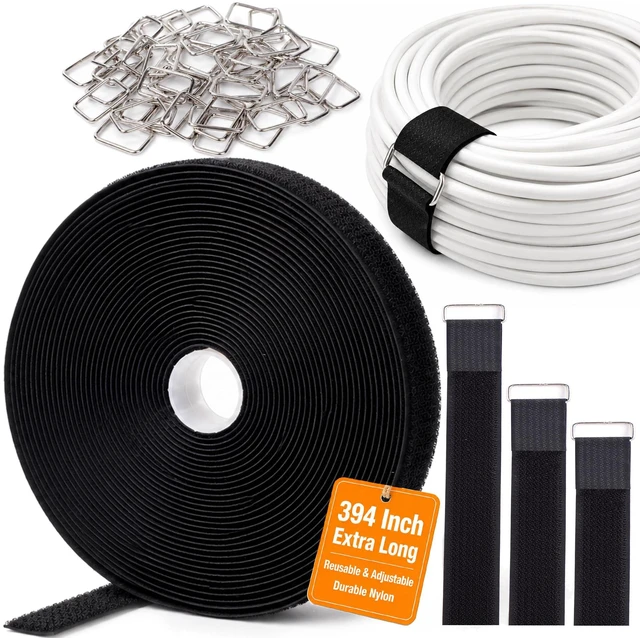 Main image of 33 Ft x 1" Hook and Loop Straps, Reusable Cable Ties with 25 Metal Buckles | Adjustable Cable Straps, Nylon Cord Ties, CuttoLength Wire Ties for Electronics, Desks, Garages, Gardens & Workspaces