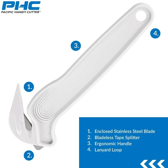 Alt view image 2 of 7 - Disposable Film Cutter | NSF Certified Food Safe Safety Box Cutter & Bladeless Tape Splitter | Perfect for Cryovac, Plastic Bags, & Shrink Wrap | White