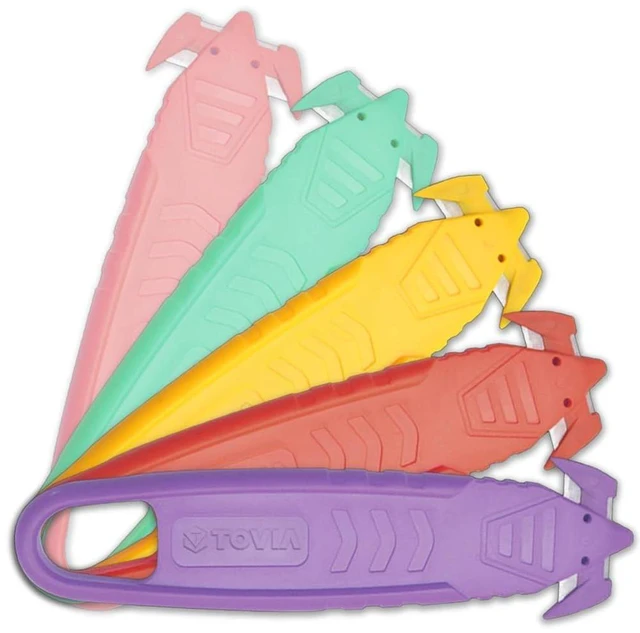 Main image of Safety Box Cutter, Package Opener Tool, Safety Knife, 5pcs, Mix color | SK2 Stainless Steel Concealed Blade Safety Cutters with Tape Splitter for Cartons, Cardboard, Wrap, Straps, Film