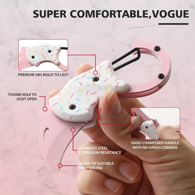 Alt view image 5 of 7 - Pink Pocket Knife for Women Men,Cute Keychain Box CutterMini EDC Knives for Everyday Carry,Folding Utility Knife with Creative Ice Cream Design,Ideal Gifts for WomenIce Cream