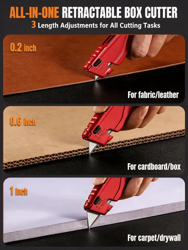 Alt view image 3 of 7 - Box Cutter, Paper Cutter with Extra Blades, Metal Utility Knife Built-In Storage Tool-Free Quick Blade Change| Package Opener Cuts Cardstock Gift Wrap Packages, Cartons and Drywall, BlueRed