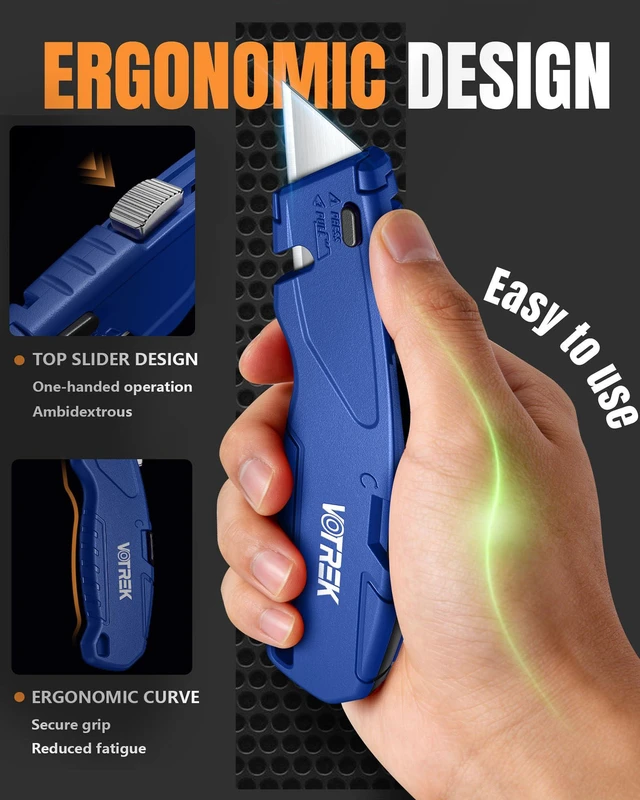 Alt view image 4 of 7 - Box Cutter, Paper Cutter with Extra Blades, Metal Utility Knife Built-In Storage Tool-Free Quick Blade Change| Package Opener Cuts Cardstock Gift Wrap Packages, Cartons and Drywall, BlueRed