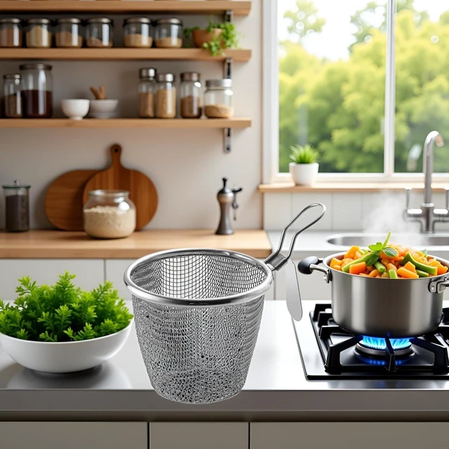 Alt view image 4 of 7 - Stainless Steel Pasta Basket, Mesh Spider Food Dumpling Noodle Strainer, Fine Mesh Strainer with Handle