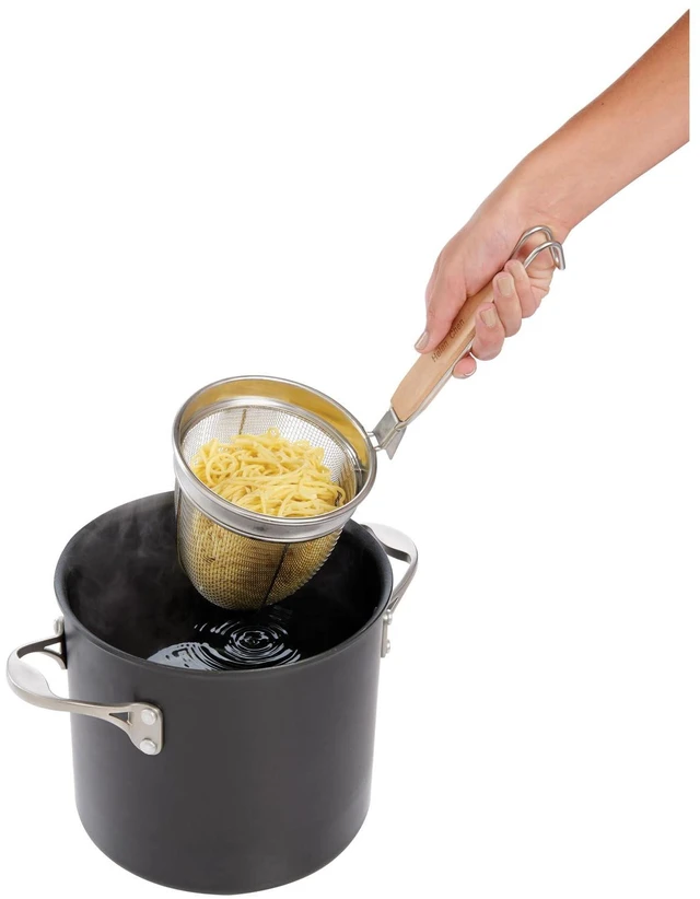 Alt view image 3 of 6 - Deep Spider Strainer, 6-Inch Stainless Steel Mesh Basket With Bamboo Handle, For Noodles, Dumplings, Wontons, Deep Frying, And Draining Tasks