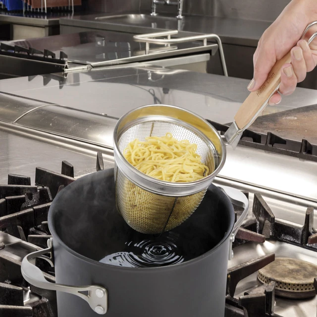 Alt view image 6 of 6 - Deep Spider Strainer, 6-Inch Stainless Steel Mesh Basket With Bamboo Handle, For Noodles, Dumplings, Wontons, Deep Frying, And Draining Tasks